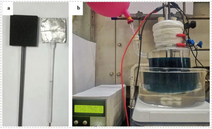 Reaction setup for scale up. a) Electrodes: RVC and Pt plate. b) Reaction setup.