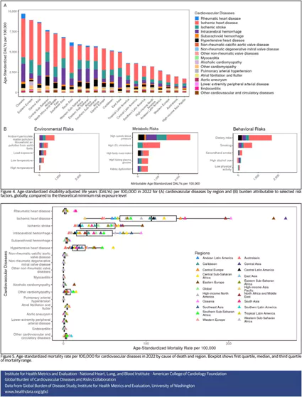 Figure 2 compares the age-standardized disability-adjusted life years (DALYs) per 100,000 people in 2022 for (A) cardiovascular diseases by region and (B) the burden caused by globally selected risk factors with the theoretically lowest risk exposure level