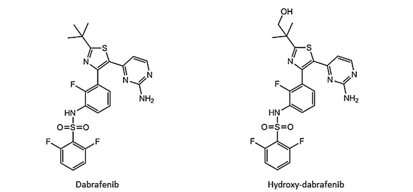 A new LC-MS/MS method for the simultaneous quantification of Dabrafenib and its main metabolite hydroxy-dabrafenib (OHD) in human plasma has been developed and validated